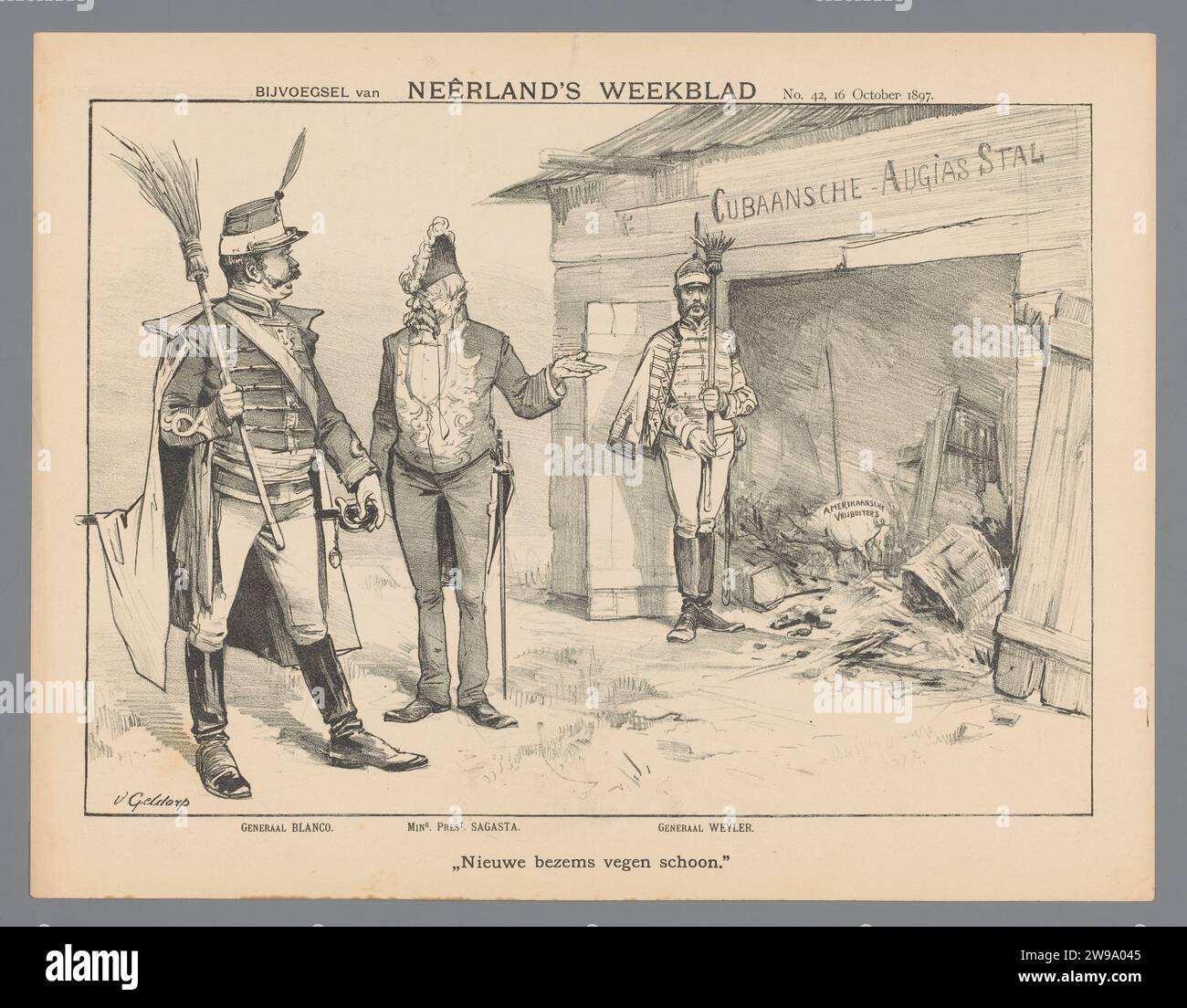 Neue Besen fegen sauber. Petrus van Geldorp, 1897 politische Karikaturen und Satiren. Historische Personen. oberbefehlshaber, General, Marschall Kuba Stockfoto
