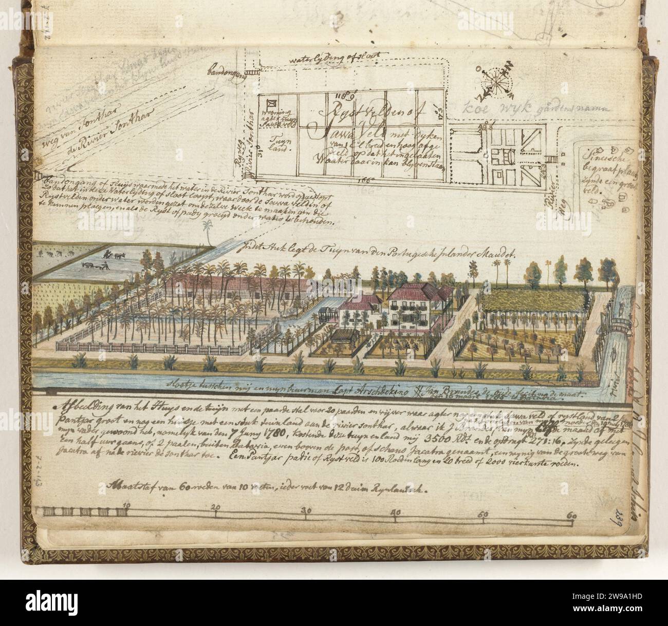Haus und Landgoed Brandes außerhalb von Batavia, Jan Brandes, 1785 Zeichnung Farbzeichnung eines weißen Hauses mit Boden mit Nebengebäuden und Stallungen und angrenzendem Land, in dem Brandes vom 7. Juni 1780 bis zu seiner Abreise aus Batavia am 26. August 1785 lebte. Mit Beschriftung. Teil von Jan Brandes' Skizzenbuch, dl. 2 (1808), S. 239. Jakarta-Papier. Bleistift. Aquarellpinsel Landhaus. Garten Batavia Stockfoto