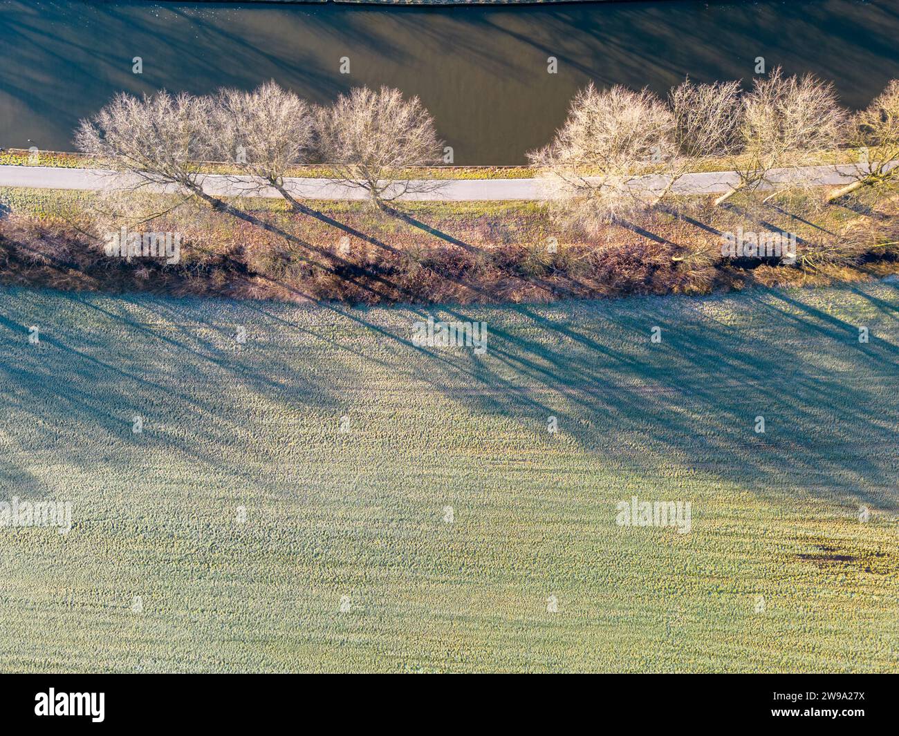 Ein Blick aus der Vogelperspektive fängt das Wesen eines frischen morgens über einem frostigen Feld ein. Die Sonne, die gerade außerhalb des Rahmens steht, wirft lange Schatten von kargen, frostbedeckten Bäumen über das strukturierte Grasland. Ein Pfad verläuft neben einem ruhigen Fluss, der die natürliche Landschaft durch eine Linie menschlicher Präsenz teilt. Das Zusammenspiel von Licht und Schatten und das subtile Glitzern des Frosts verleihen der Szene Tiefe und Interesse. Luftfrost küsste Bäume und Feld. Hochwertige Fotos Stockfoto
