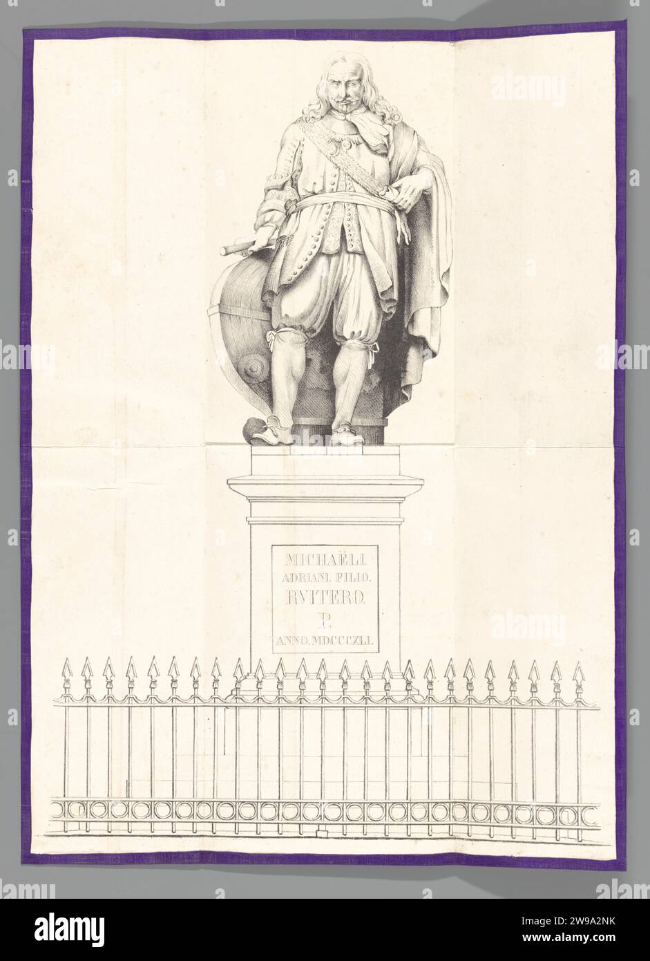 Statue von Michiel de Ruyter in Vlissingen, enthüllt am 25. August 1841, 1841 - 1851 Druck Statue von Michiel de Ruyter in Vlissingen, von Louis Royer, enthüllt am 25. August 1841 von König Willem II. Im vorderen Teil des Zauns. Doppelt auf Leinen und vierfach gefaltet. Niederlande Papier. Leinen (Material) Spülen Stockfoto