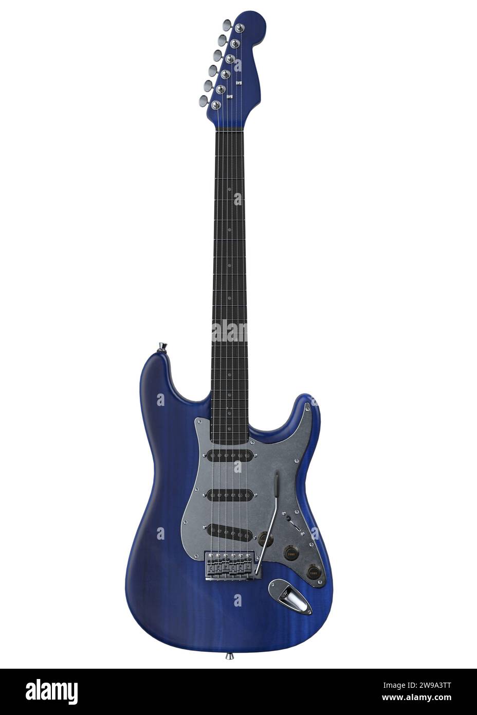 Moderne elektrische Gitarre in blauer Farbe, 3D-Illustration. Stockfoto