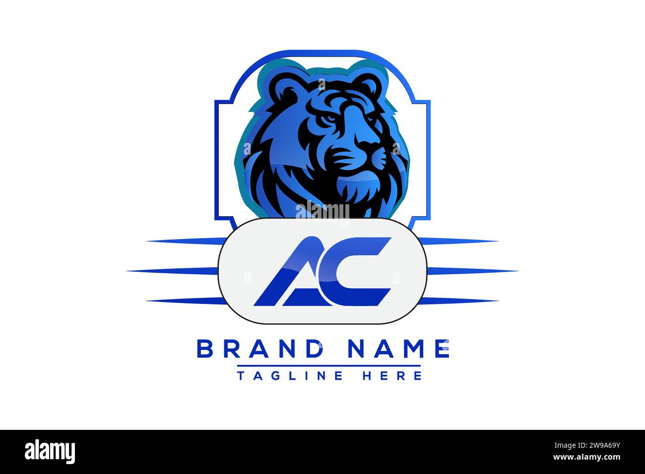 Blaues Design mit AC Tiger-Logo. Vektor-Logo für Unternehmen. Stock Vektor
