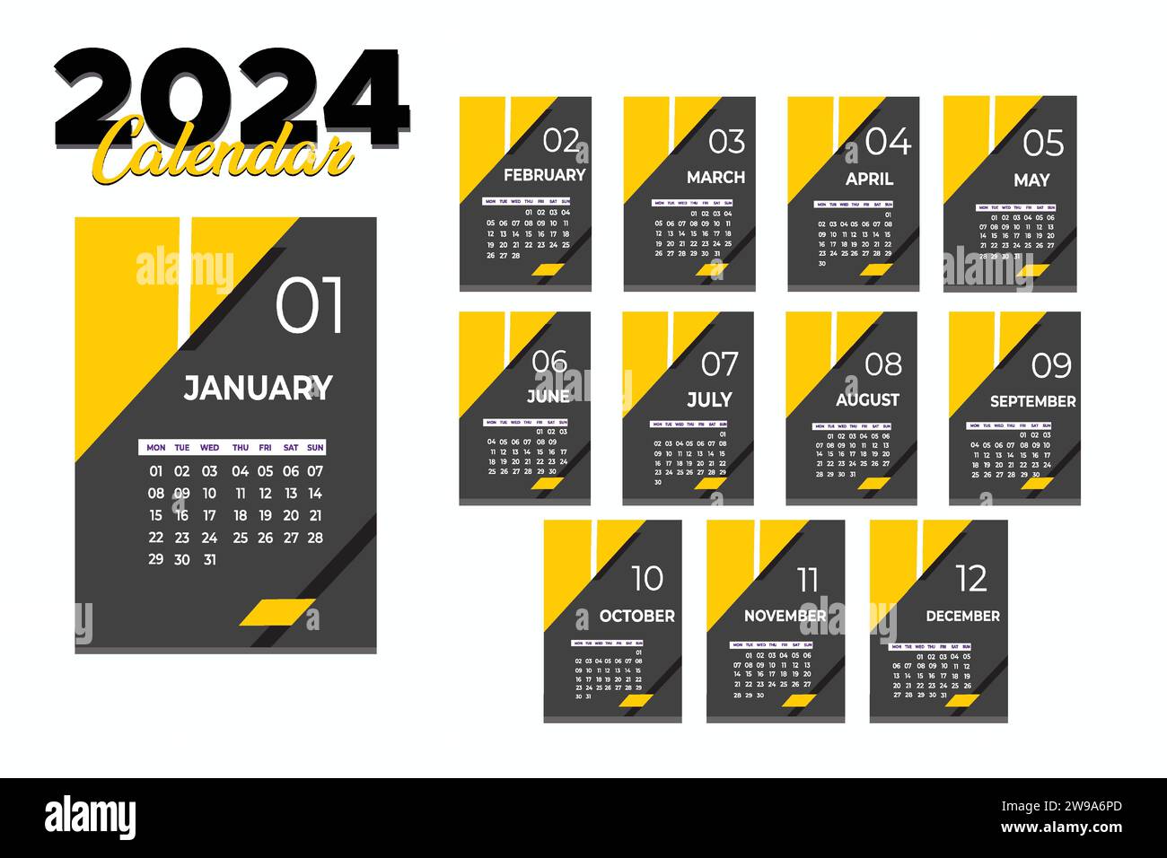 Kalender 2024 Moderne Layout Vektor-Illustration. Die Woche beginnt am Montag. Kalendersatz für 2024. Stock Vektor