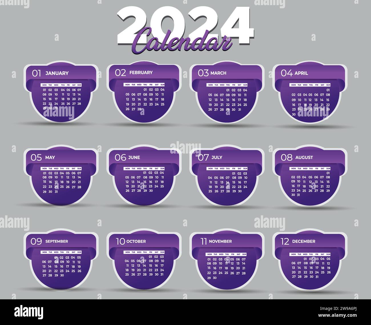 Kalender 2024 Moderne Layout Vektor-Illustration. Die Woche beginnt am Montag. Kalendersatz für 2024. Stock Vektor