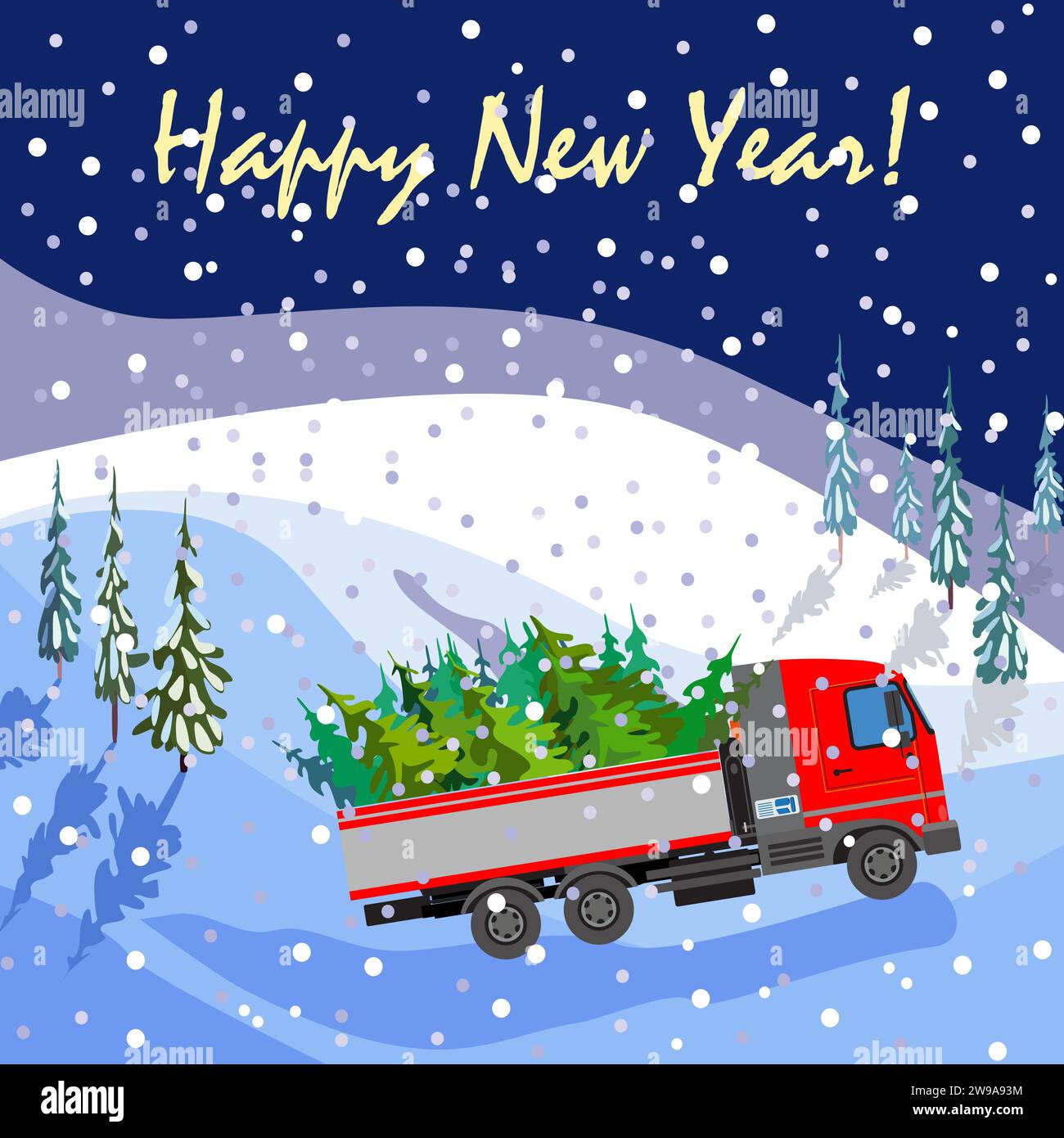 Glückwunschkarte mit einem LKW mit Weihnachtsbäumen. Winter Hintergrund mit Wald und Schnee. Vektorabbildung Stockfoto