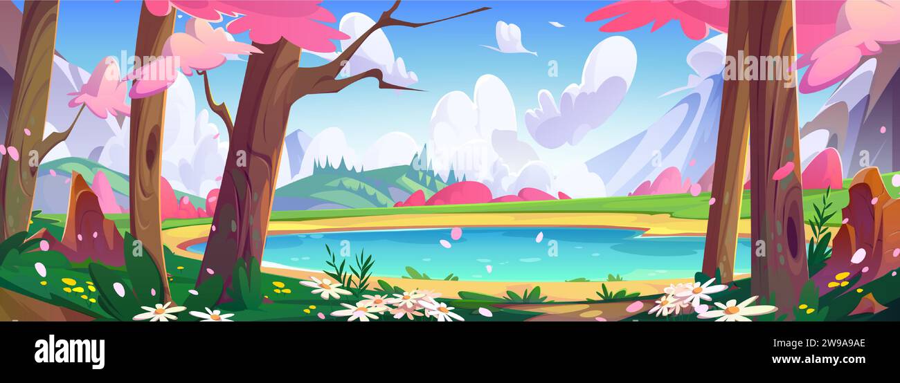 Natürliche Frühlingslandschaft mit See, umgeben von rosa blühenden Sakura- oder Kirschbäumen und Bergen. Cartoon Vektor Wald mit Blumenwäldern und Gänseblümchen, blauem Wasser im Teich und felsigen Hügeln. Stock Vektor