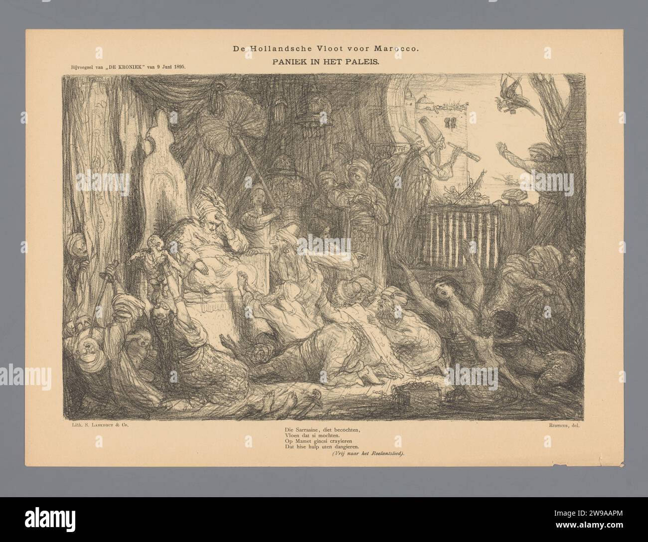 Die Hollandsche Flotte für Marocco. Panik im Palast, Marius Bauer, 1895 Bartlepent über die Entsendung der niederländischen Flotte nach Marokko im Jahr 1895. Als Vergeltung für den Angriff marokkanischer Piraten auf das niederländische Schiff Anna im April 1895 schickte die Regierung ein Geschwader, das vor der Küste in Tanger blieb. Es herrscht Panik und Verzweiflung im Palast des Sultans. Das Haager Papier politische Karikaturen und Satiren. palast. Kopfbedeckung: Turban Marokko Stockfoto