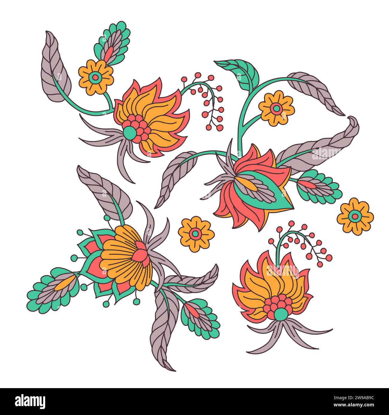 Sammlung von Blumenmotiven im indischen Stil, isoliert auf weiß Stock Vektor