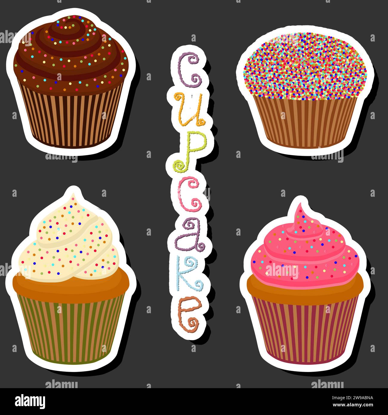Illustration zum Thema großes Set verschiedene Arten Dessert süße Beeren Cupcake, Cupcake bestehend aus Süßwaren Schlagsahne, leckere Cupcakes bedeckt i Stock Vektor