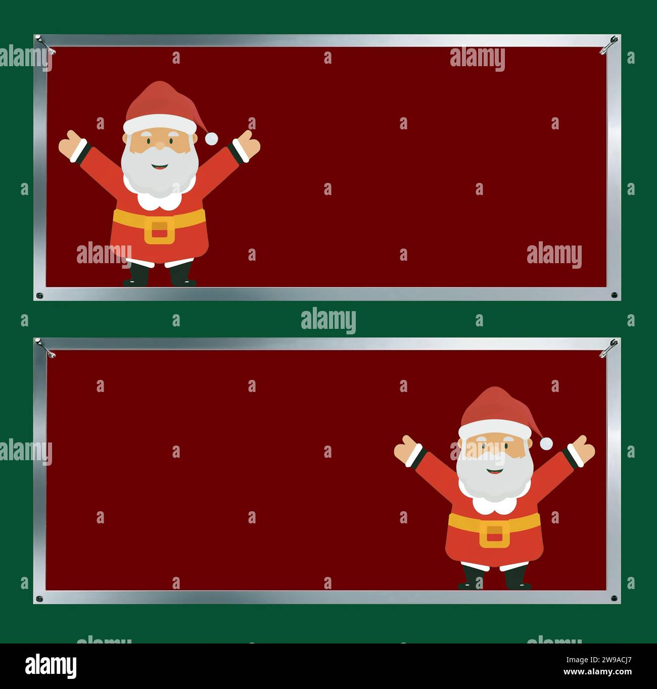 Ein festliches Bild des Weihnachtsmanns, der selbstbewusst auf die Kamera blickt, während er vor grünem Hintergrund steht Stockfoto