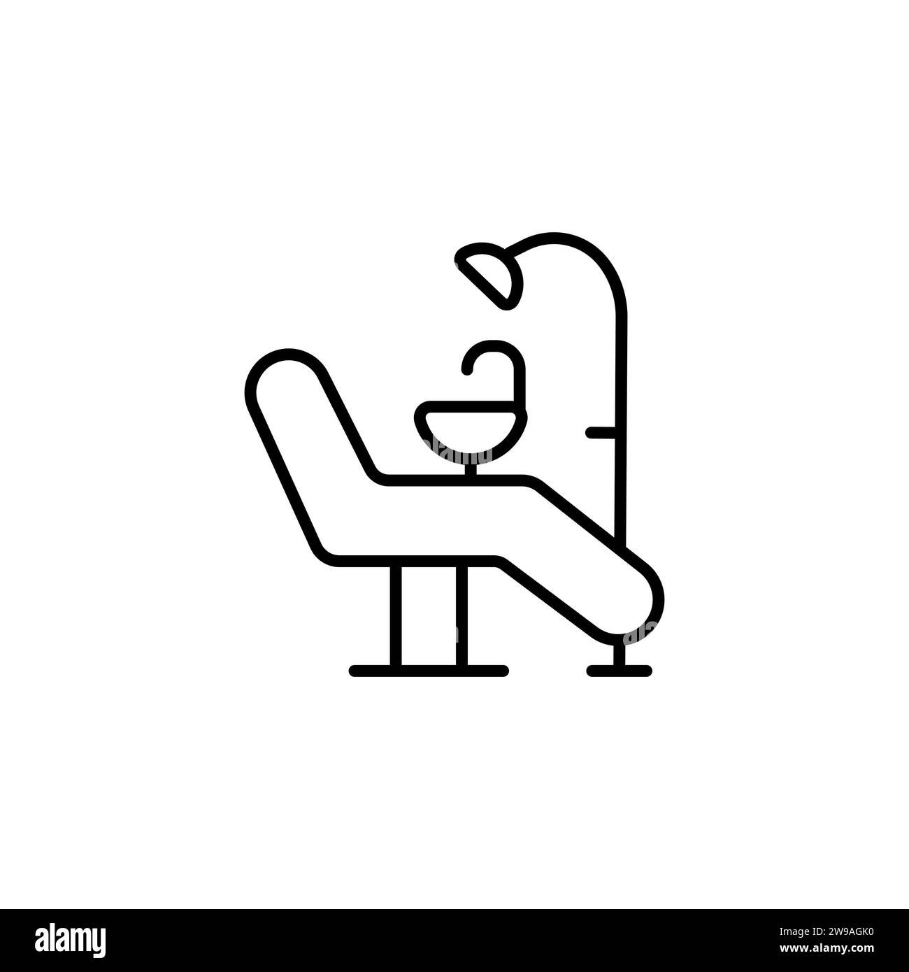 Zahnstuhlsymbol aus der Zahnarztsammlung. Dünner linearer Zahnarztstuhl, Medizin, Zahnbürstenkontur Symbol isoliert auf weißem Hintergrund. Linienvektordenta Stock Vektor