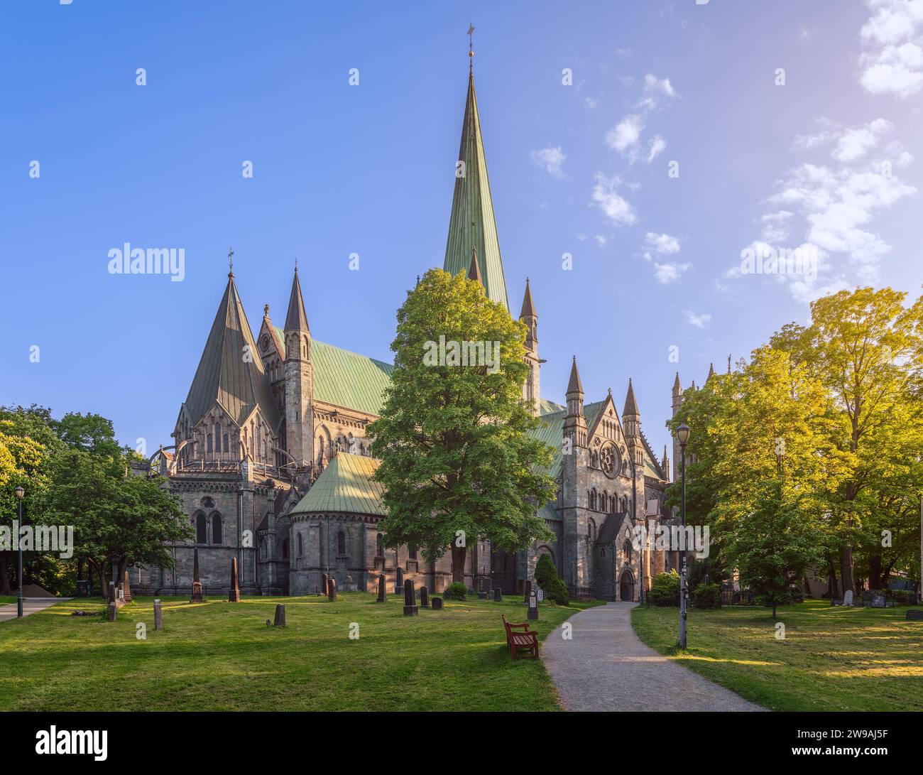 Blick auf die Kathedrale von Nidaros, umgeben von üppigen grünen Bäumen und vor einem klaren blauen Himmel, mit einem gut gepflegten historischen Friedhof um sie herum, gebadet Stockfoto