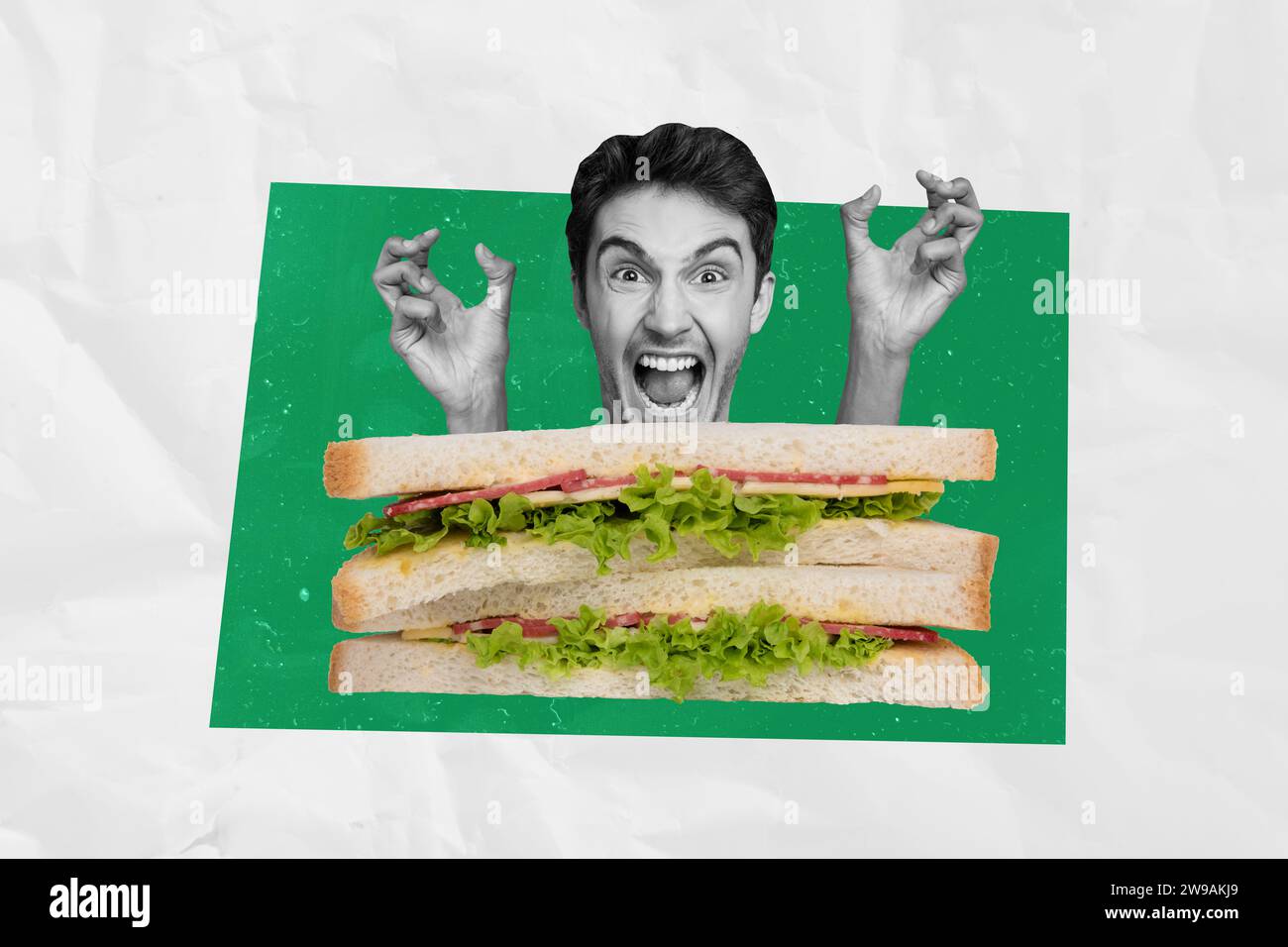 Collage-Skizzenbild eines verrückten hungrigen Mannes, der große Sandwichtoast mit Schinken und Käse auf gemaltem Hintergrund isst Stockfoto