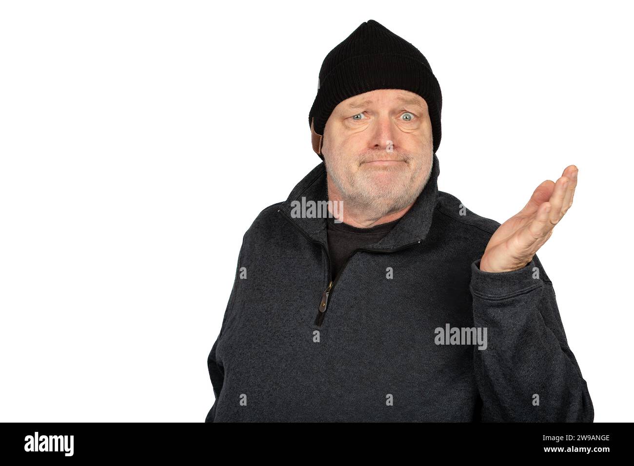 Verwirrte kaukasische Matrosen und Dock Worker Fragen auf weißem Hintergrund. Stockfoto