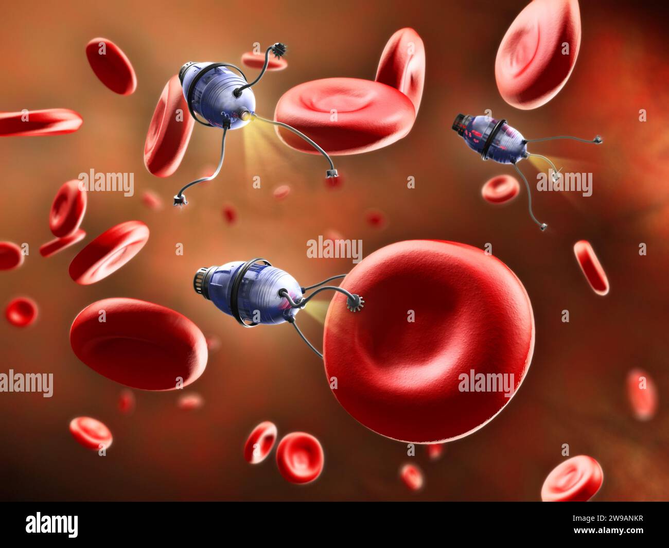 Nanobots gehen durch den Blutkreislauf und reparieren einige Blutzellen. Digitale Illustration. Stockfoto