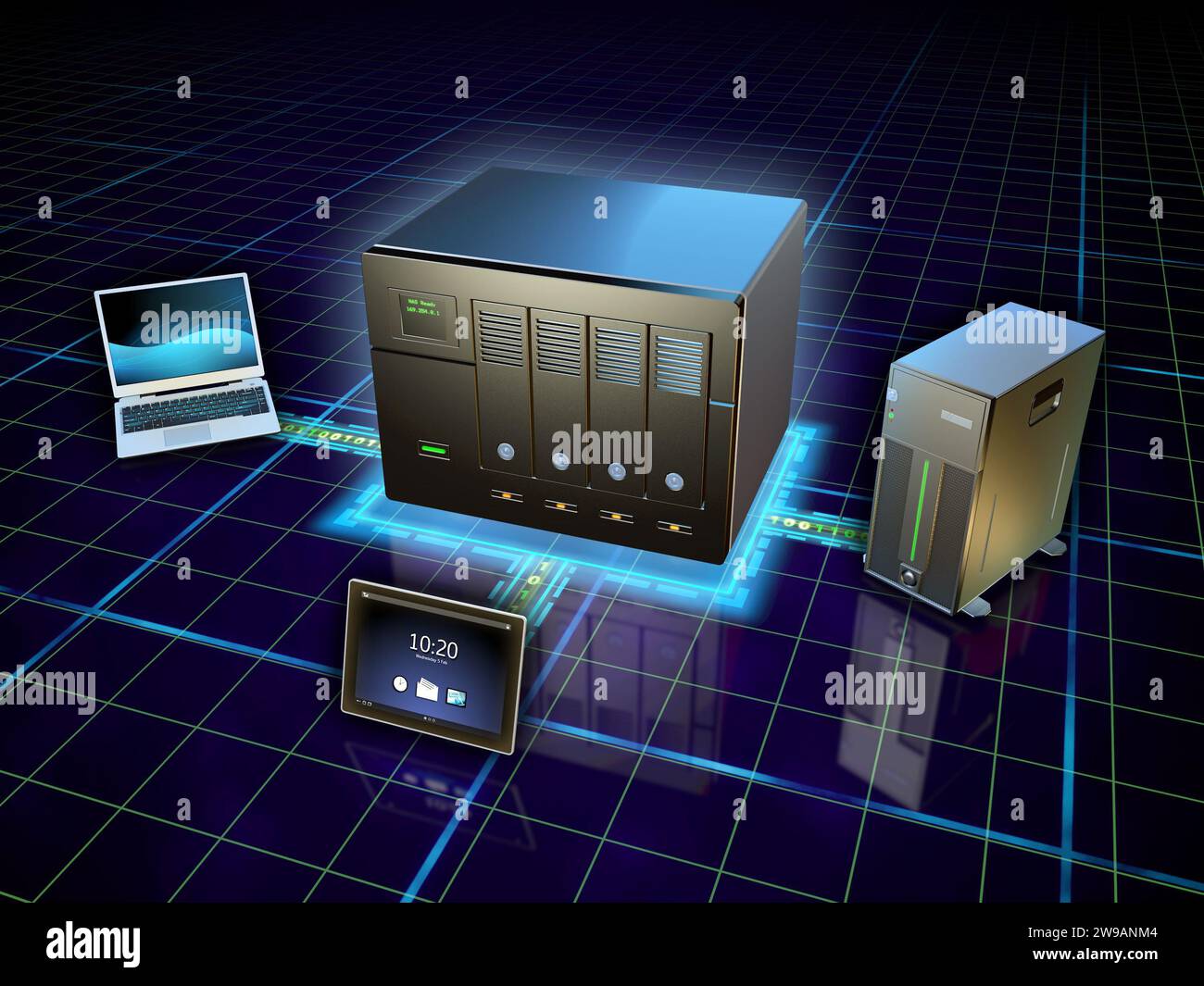 Verschiedene Geräte, die mit einem Netzwerkspeicher verbunden sind. Digitale Illustration. Stockfoto