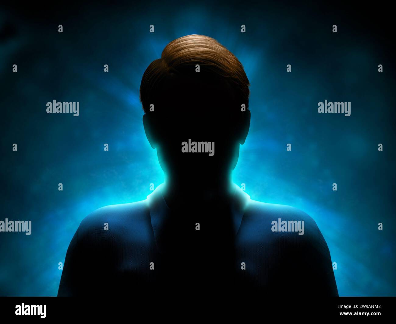 Silhouette einer mysteriösen Figur mit starker blauer Hintergrundbeleuchtung. Digitale Illustration. Stockfoto