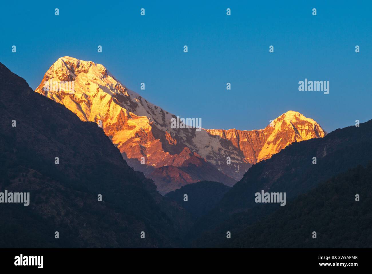 Landschaft des Annapurna-Massivs im Himalaya, nepal in der Abenddämmerung Stockfoto