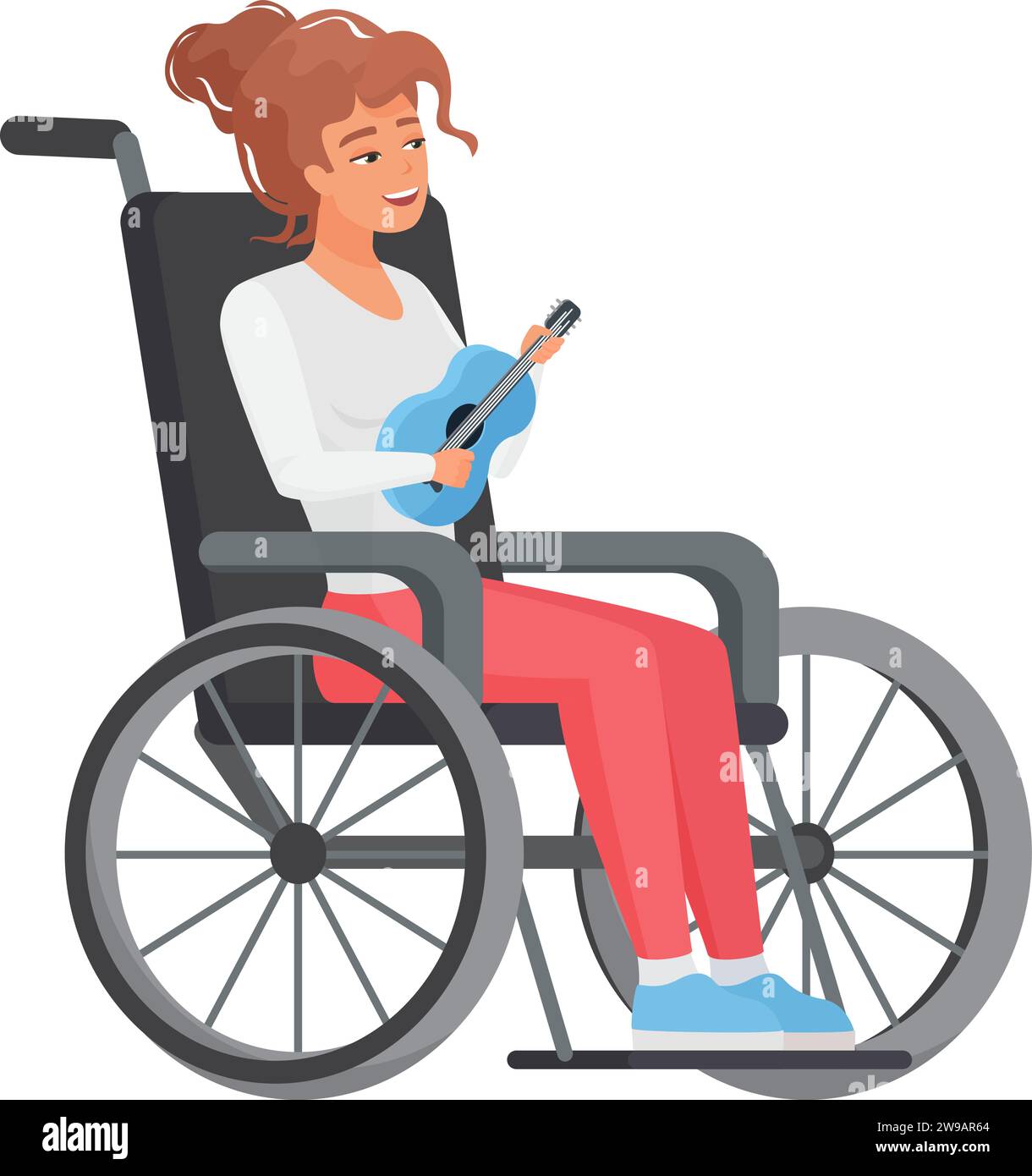 Frau im Rollstuhl spielt kleine Gitarre. Junge Dame mit eingeschränkter Mobilität mit Musikinstrument Cartoon Vektor Illustration Stock Vektor