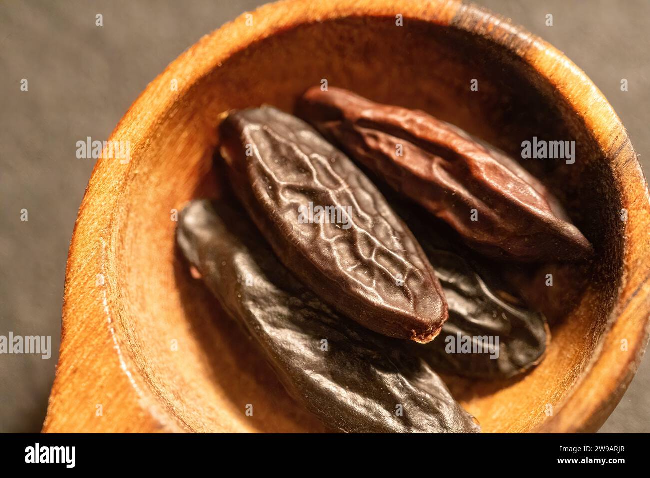 Tonkabohnen in einem Holzlöffel auf dunklem Hintergrund. Stockfoto