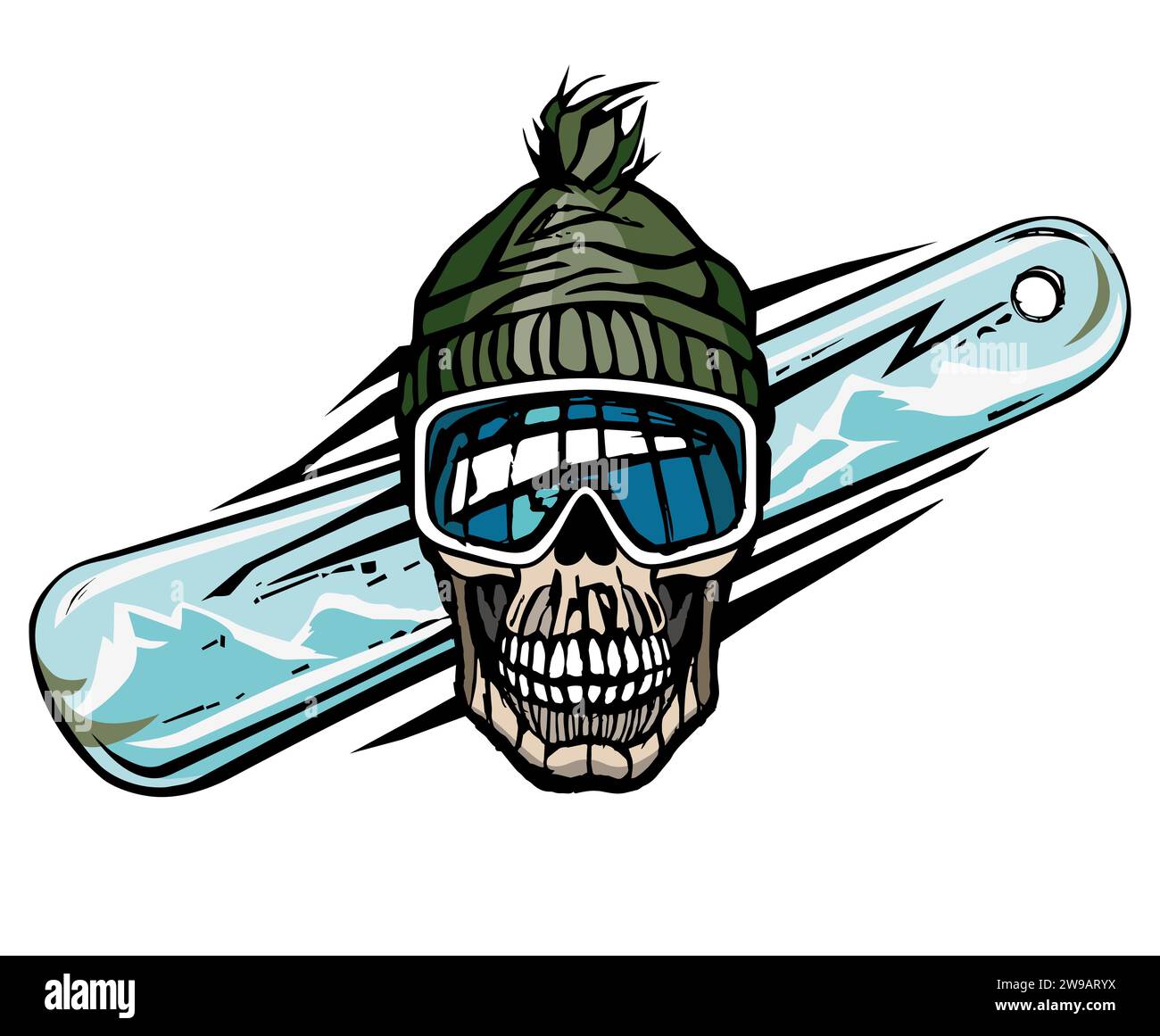Totenkopfmütze und überkreuztes Snowboard. Cartoon-Schädel. Snowboarden Stock Vektor