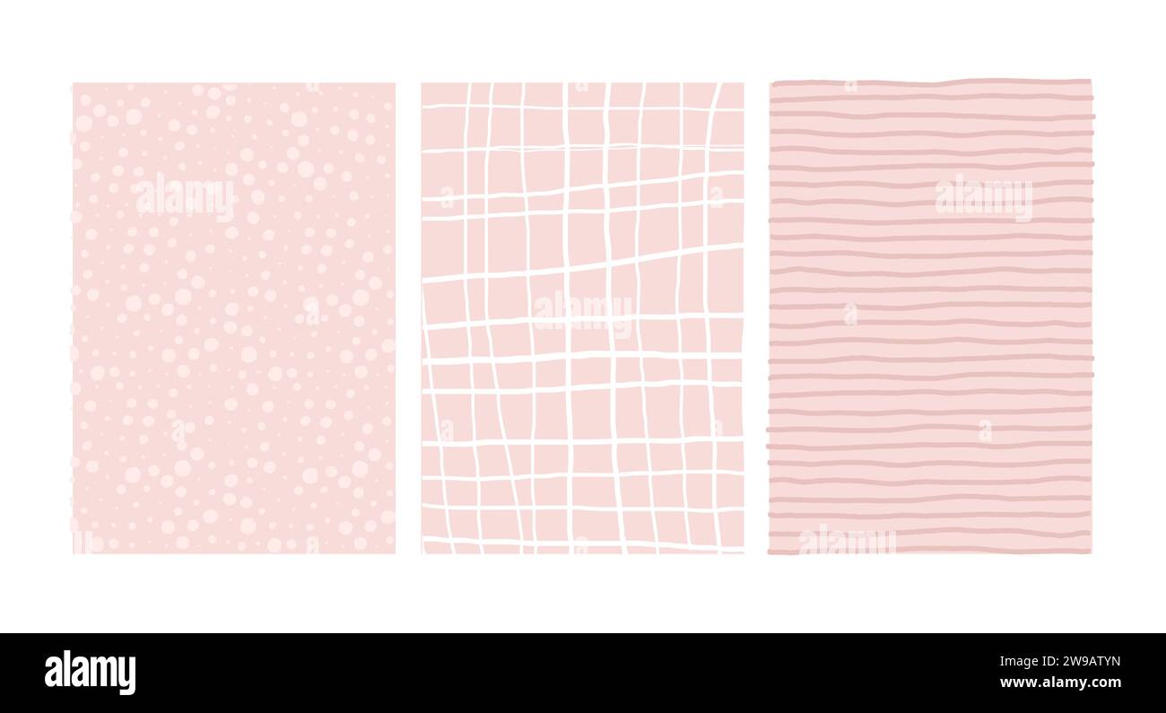 Einfache geometrische Rosa-Töne, handgezeichnete unregelmäßige Muster. Kritzelte karierte gepunktete und gefütterte einfache Zeichnung mit Texturen. Posterset. Lustige Pastellfarben C Stock Vektor Einfache geometrische Rosa-Töne, handgezeichnete unregelmäßige Muster. Kritzelte karierte gepunktete und gefütterte einfache Zeichnung mit Texturen. Posterset. Lustige Pastellfarben C Stock Vektor