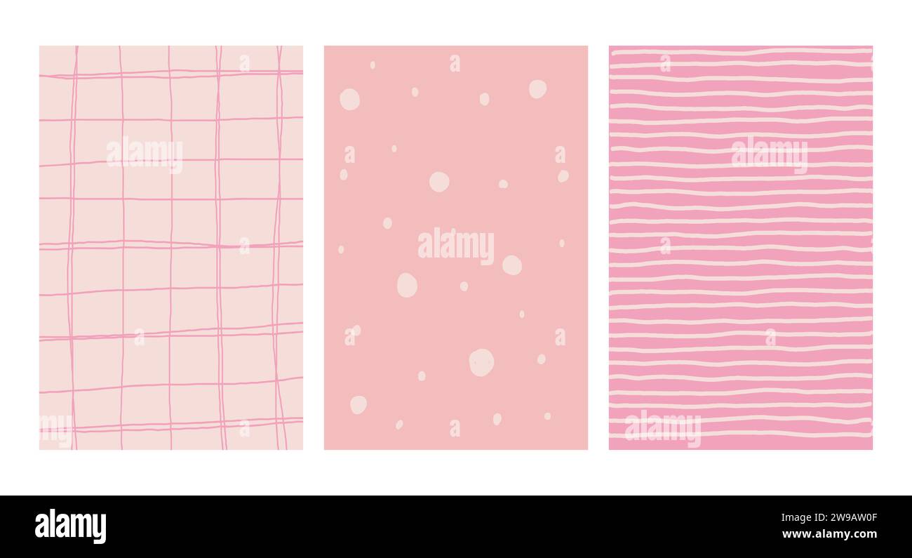 Einfache Geometrische, Handgezeichnete Unregelmäßige Muster. Pink Doodle karierte einfache Zeichnung mit Texturen. Posterset. Lustiges Pastellfarbenpapier. Stock Vektor