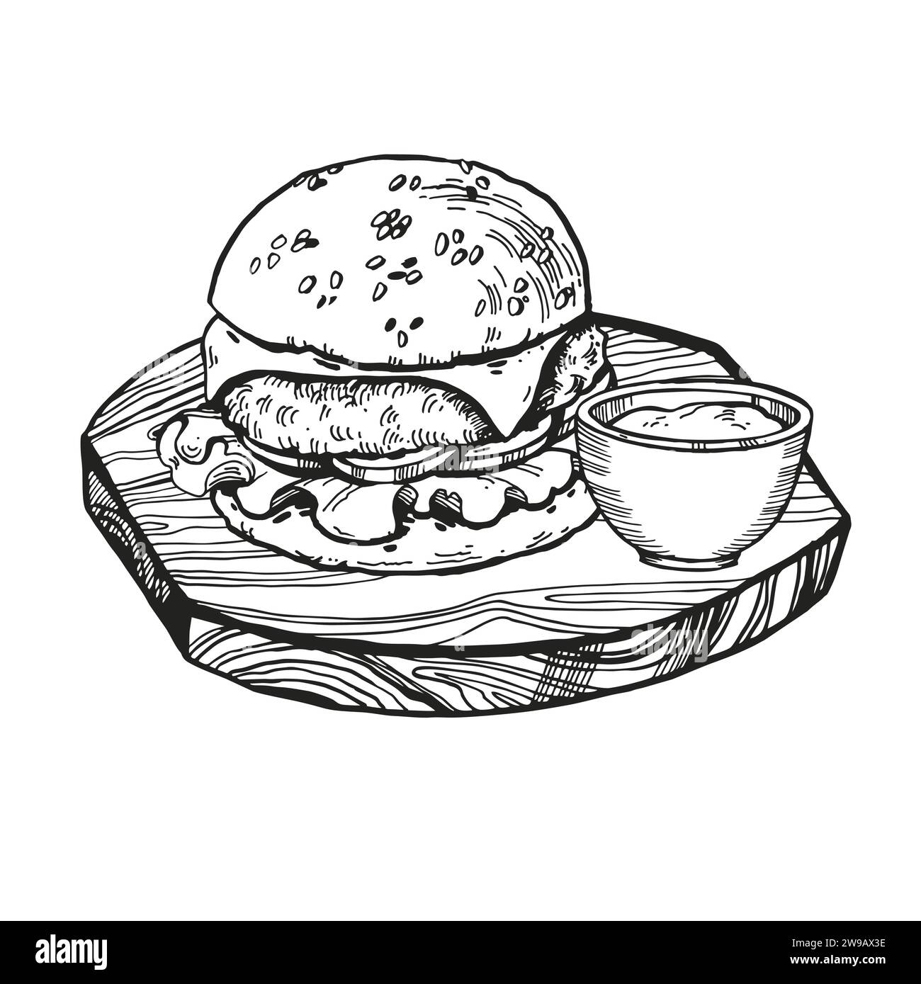 Vektor-Illustration von Burger mit Fleisch, Zwiebeln, Tomaten, Käse und Sauce auf hölzernem Schneidebrett, handgezeichnete Skizze von Fast Food, isoliert auf weißem Rücken Stock Vektor