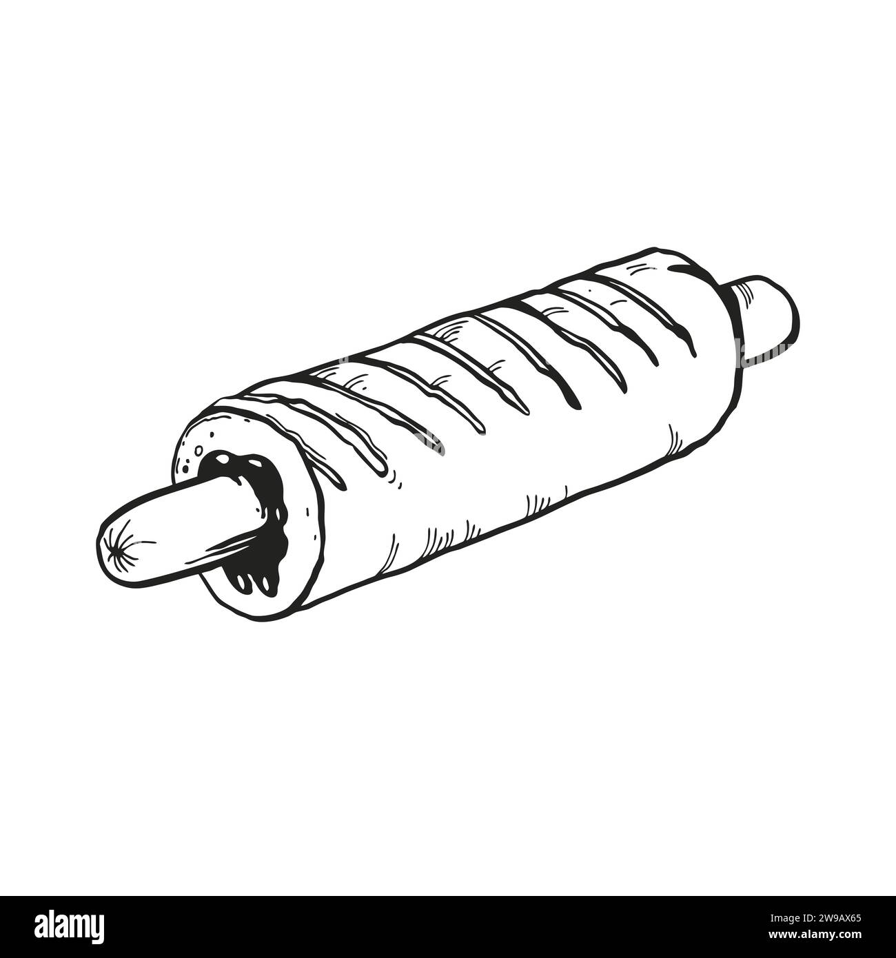 Hand gezeichnete Vektor-Illustration von Fast Food, Tusche Skizze von Hot Dog in einem Brötchen und mit Senf oder Sauce, schwarz-weiße Illustration von Wurst mit sa Stock Vektor
