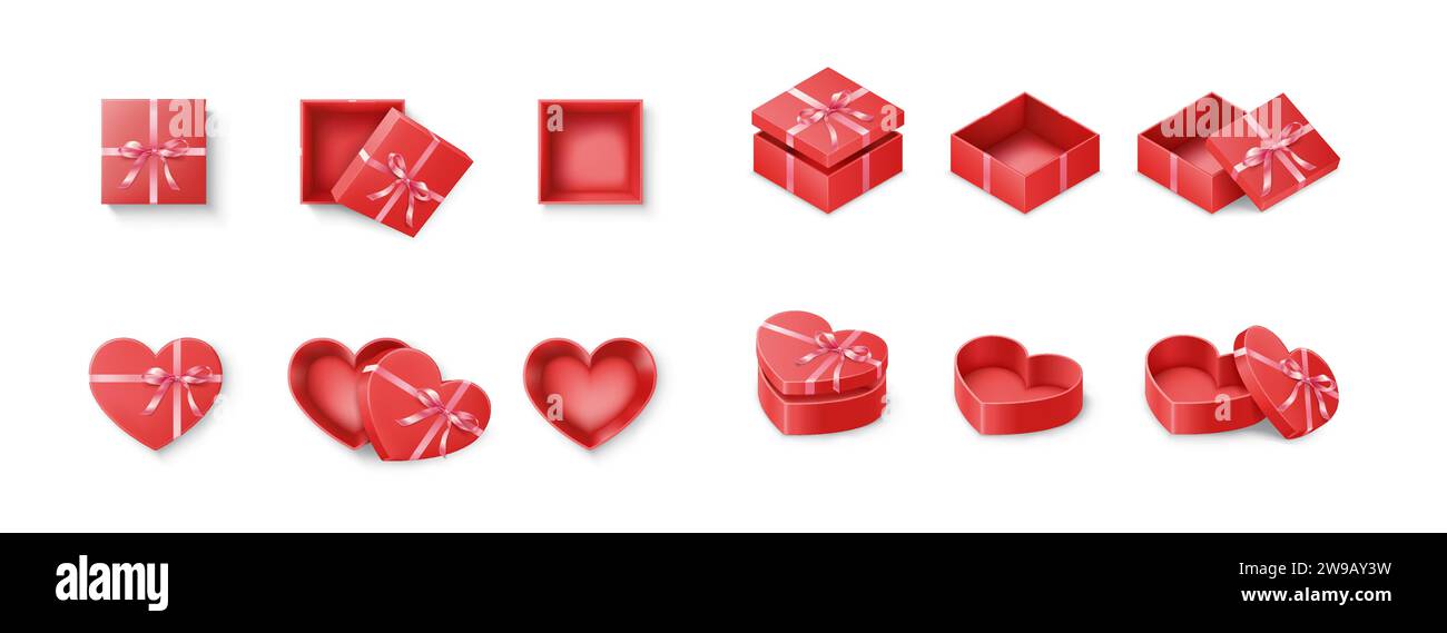 Rote Geschenkboxen gebunden mit Bändern realistische Vektor-Illustration Set. Elegante Geschenkverpackung mit 3D-Schleifen auf weißem Hintergrund Stock Vektor