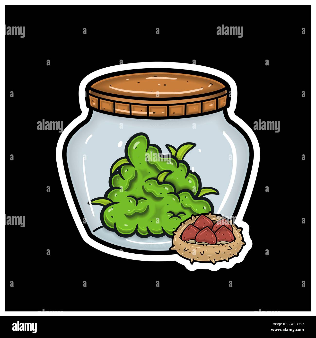 Kastanienfrucht mit Cartoon Maskottchen von Weed Bud im Glas. Für Aufkleber und Etikett. Vektor und Illustration. Stock Vektor