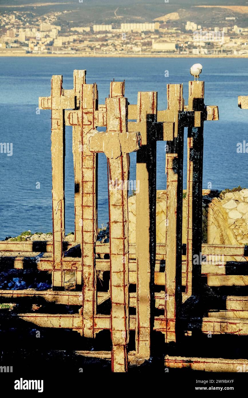 Fort Ratonneau auf der Insel Frioul 20231218am671Ruine, Betonpfeiler, Kreuze, französische Küste, historische Festung, Küstenbefestigung, Inselfestung, Seefestung, Mittelmeerinsel, Inselarchitektur, Küstenpanorama, historisches Bauwerk, historische Verteidigung, Inselgeschichte, Küstenlandschaft, Küstenbefestigung, Meeresfestung, Inselansicht, Küstenfort, Inselidyllille, maritimes Erbe, Festungsanlage, historisches Denkmal, Küstenbauwerk, Inselbesichtigung, maritimes Erbe, historische Verteidigungsanlagen, Inselgeschichte, Festungsarchitektur, maritime Geschichte, historische Stätte, Küstenfestu Stockfoto