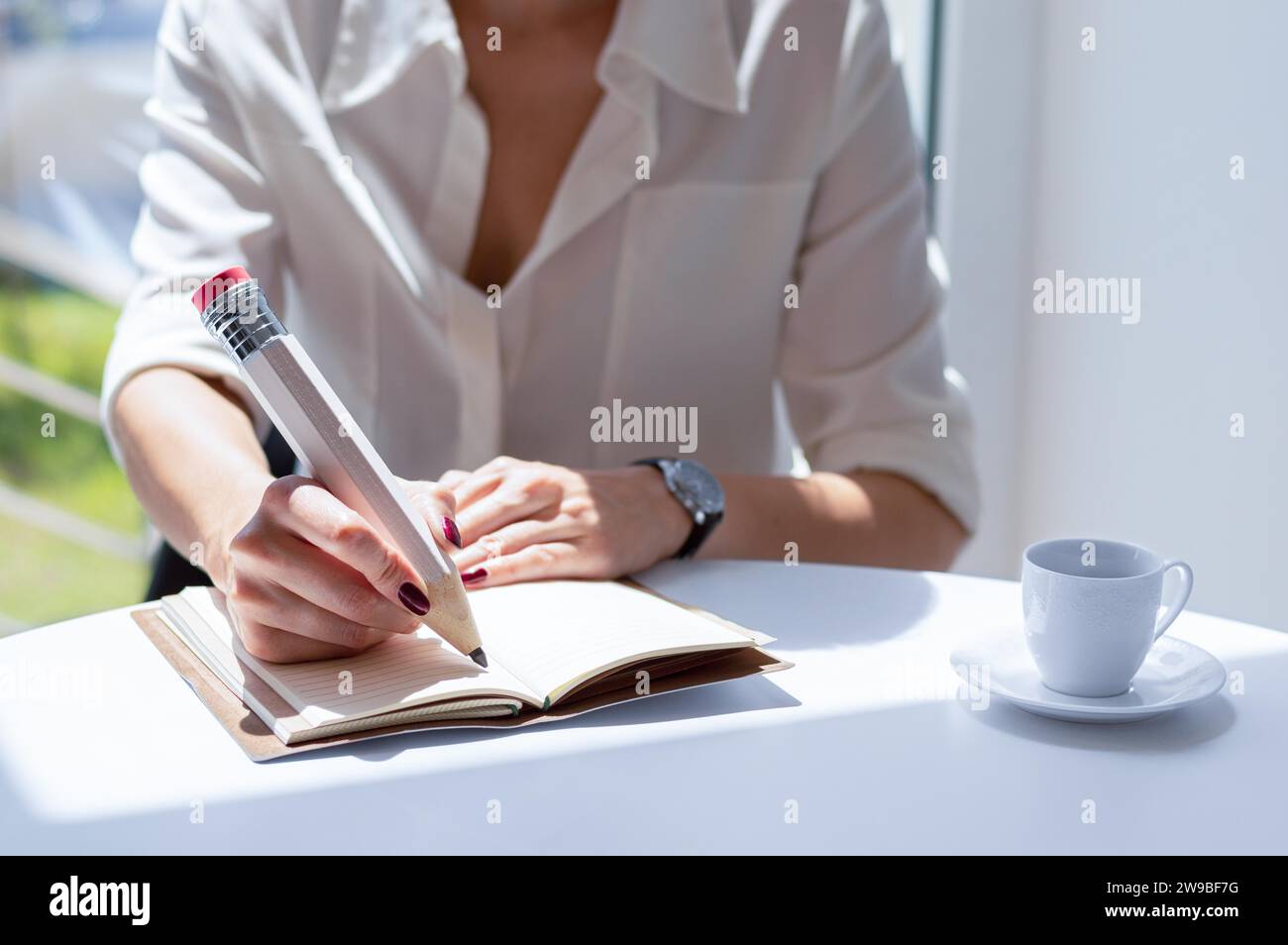 Das Mädchen schreibt mit einem großen Bleistift in ein Notizbuch. Vorstellung von Vorstellungsgespräch, Geschäft, Erfolg. Gemischte Medien Stockfoto