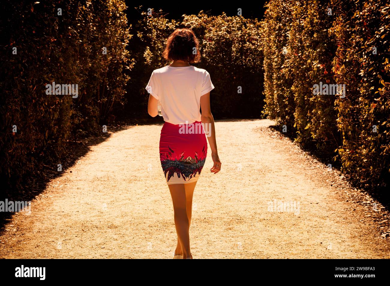 Porträt einer charmanten Frau, die in den Boboli-Gärten spaziert. Rückansicht. Tourismus und Reisekonzept. Gemischte Medien Stockfoto