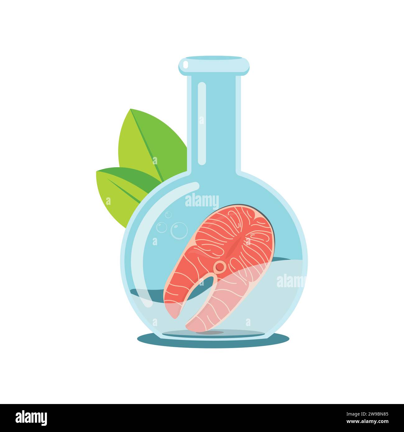 Frisches Lachssteakfleisch aus Laboratoriumsanbau, das in einem Laborkolben schwimmt. Stock Vektor