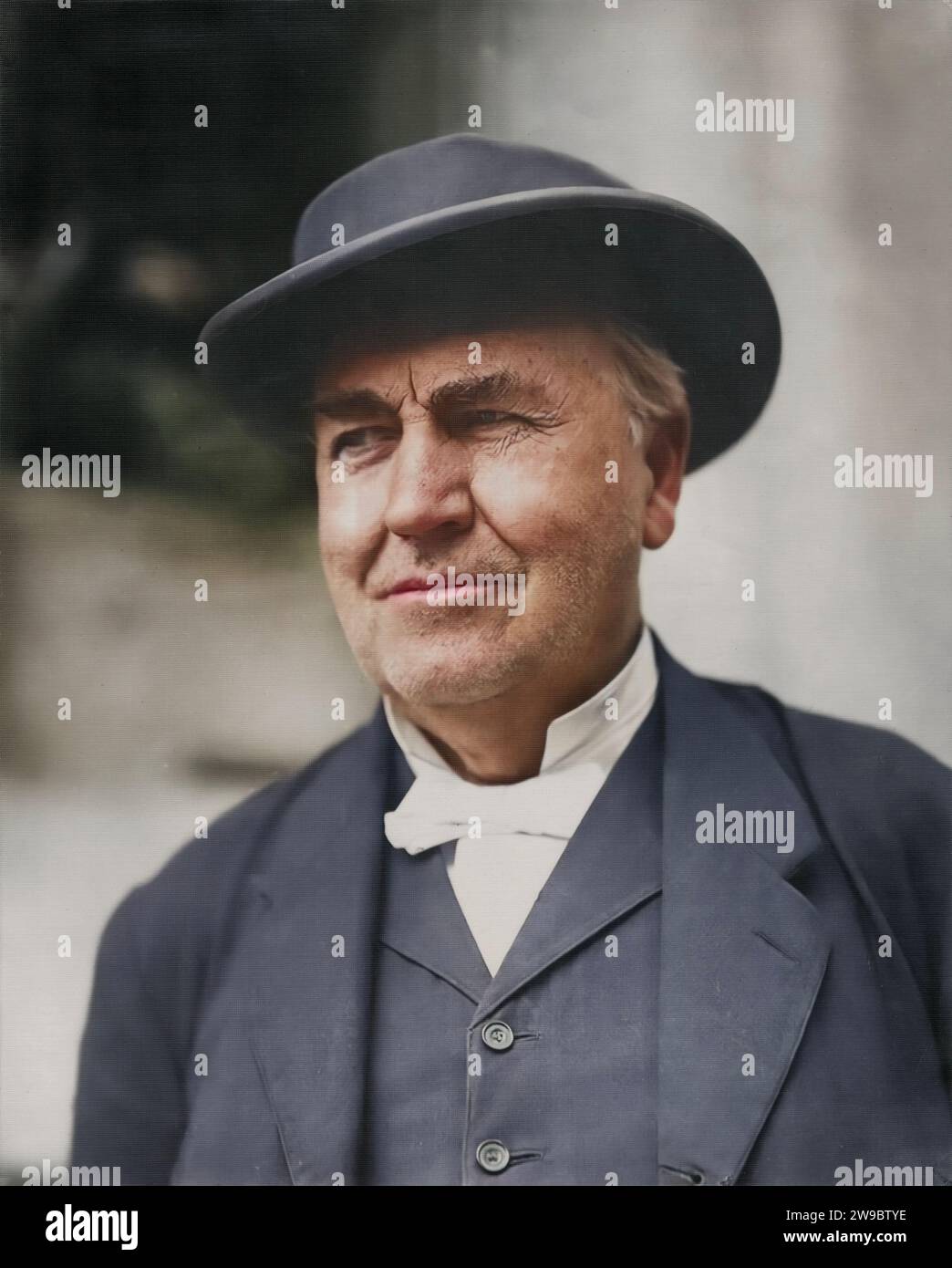 Porträt von Thomas Edison mit Hut. Datum: 06.08.1914. Stockfoto