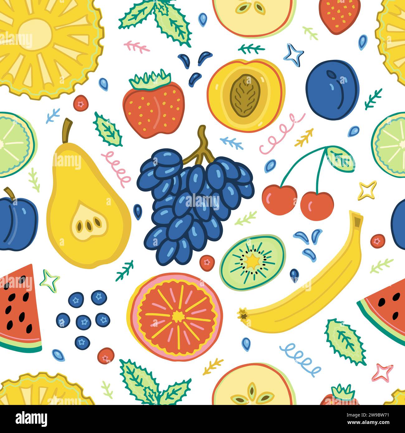 Nahtloses Muster: Exotische Früchte und Beeren isoliert auf weiß. Ananas, Erdbeere, Apfel, Limette, Grapefruit, Birne, Kirsche, Wassermelone, Pflaume, Pfirsich, Stock Vektor