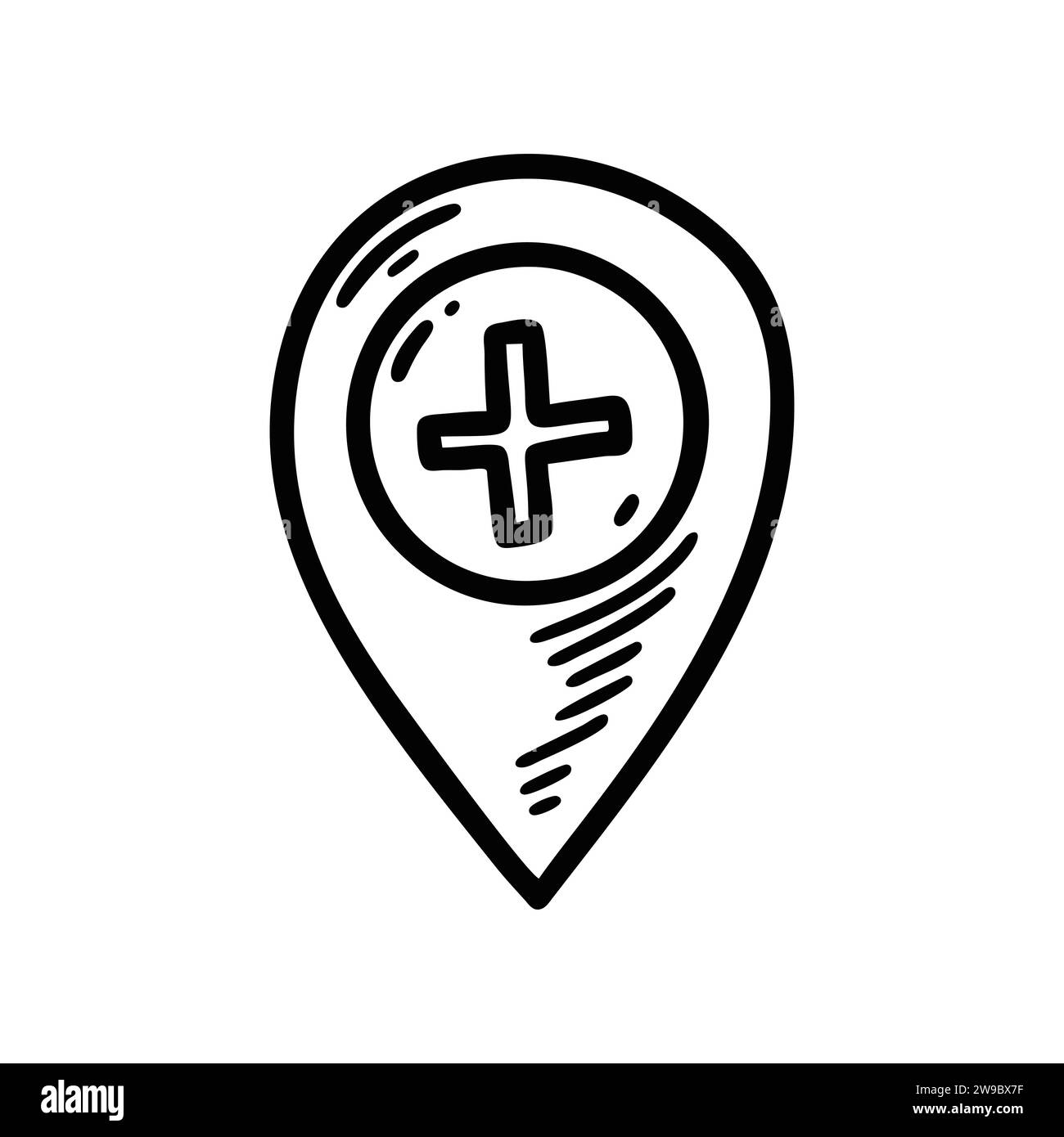 Kritzele Krankenhaus-Karte PIN-Symbol. Apotheke. Handgezeichnete Vektorgrafik. In der Nähe des Arztbüros Stock Vektor