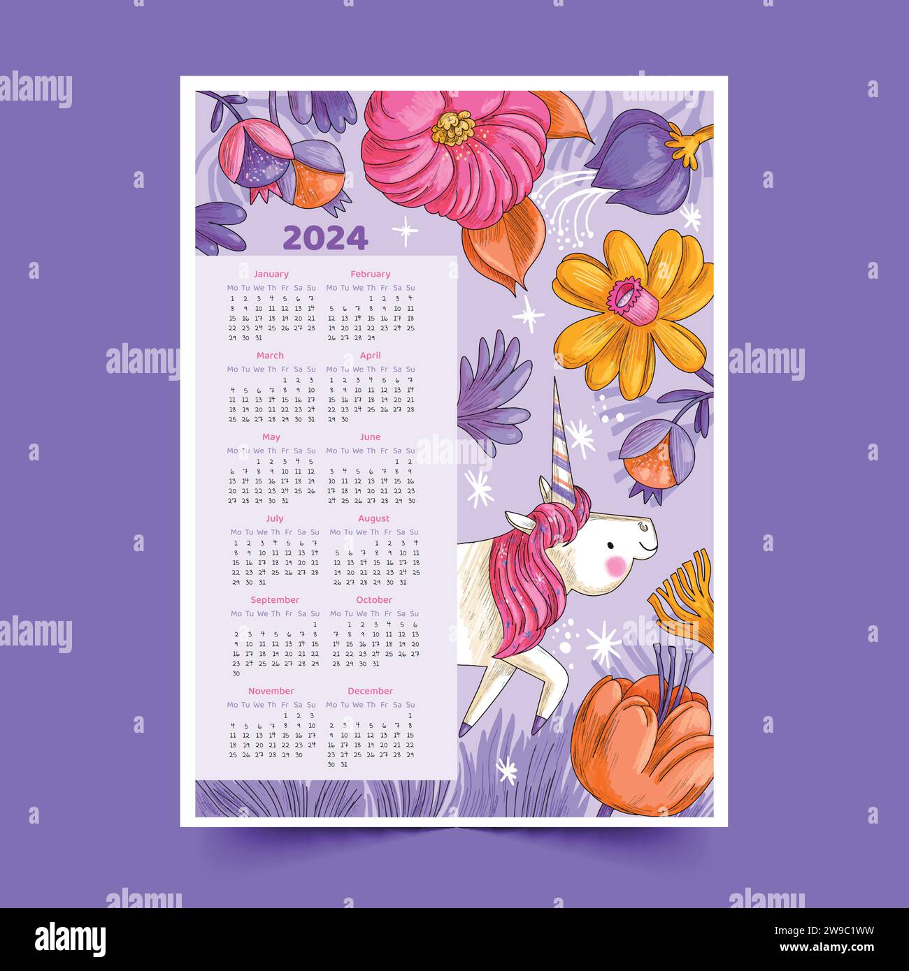 Hand gezeichnet 2024 Kalender Vorlage Design Vektor Illustration Stock 