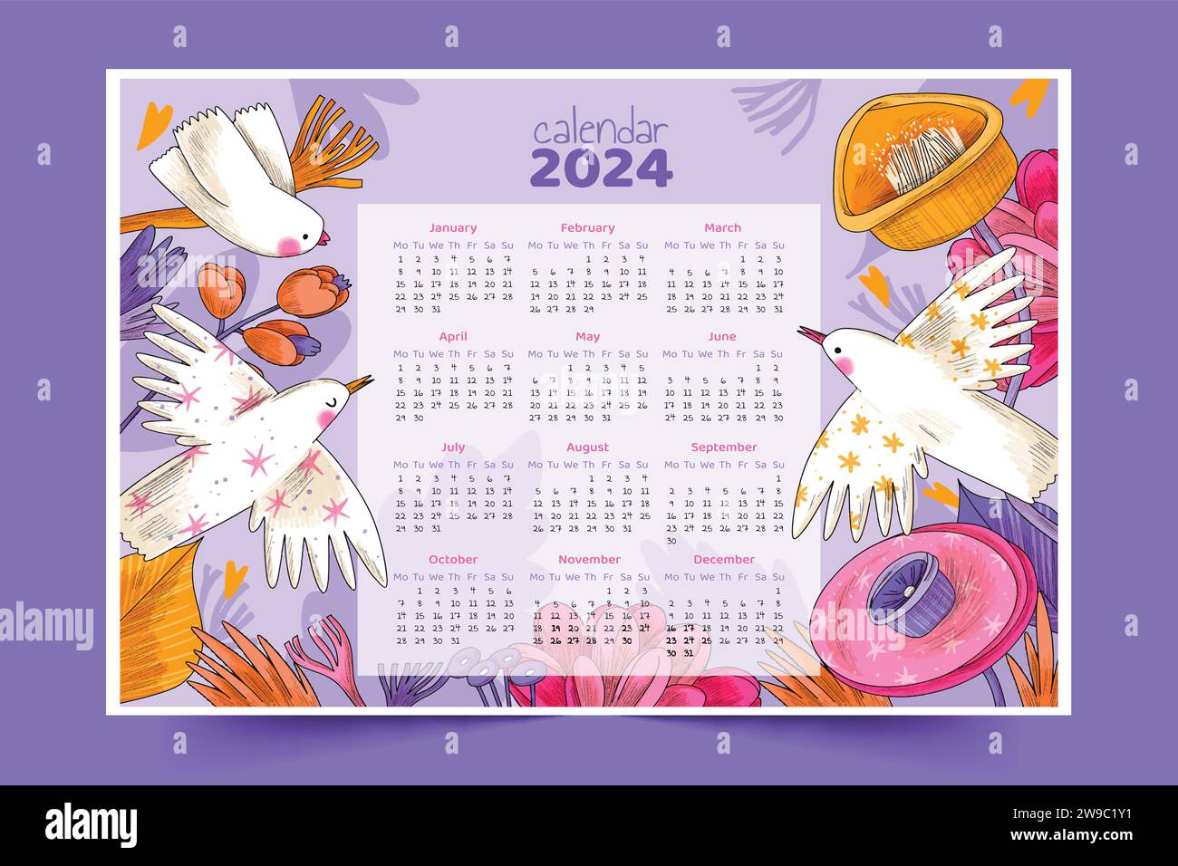 Hand gezeichnet 2024 Kalender Vorlage Design Vektor Illustration Stock ...
