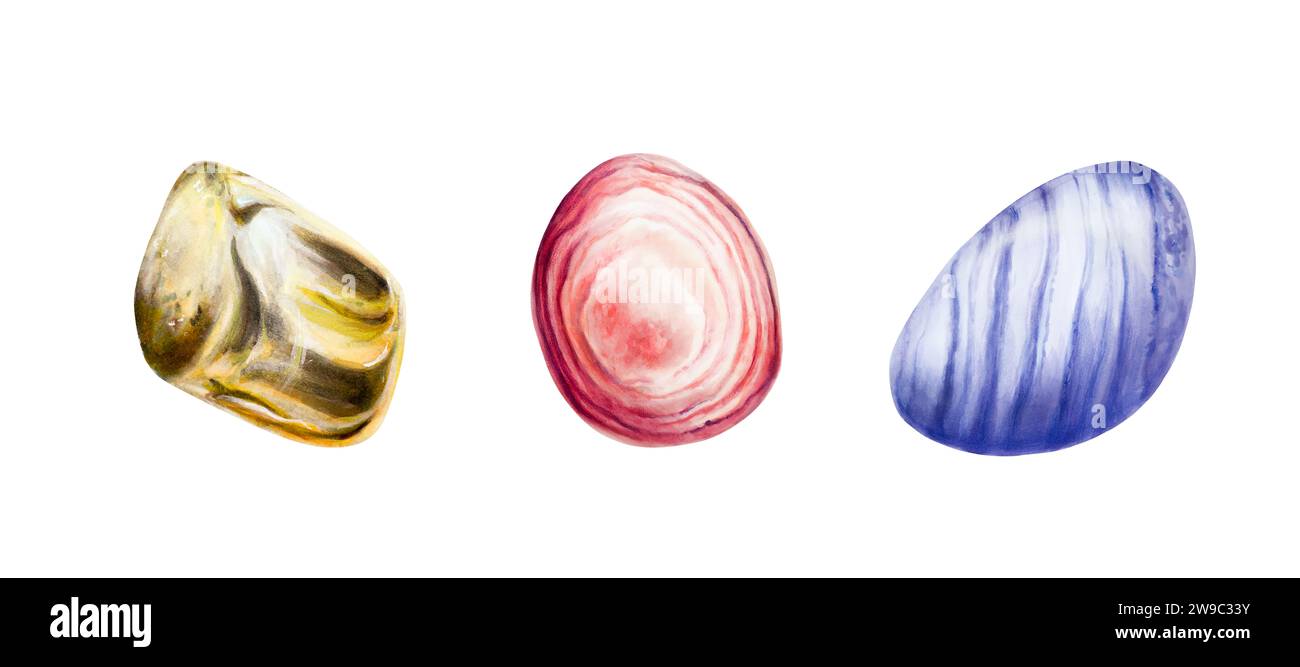 Aquarell handgezeichneter Stein für Herz, Solarplexus, Chakren. Blauer Spitzenachat, Rhodochrosit, Tigerauge und Zitrin. Natürlich heilende Rosenquarzkrankheit Stockfoto