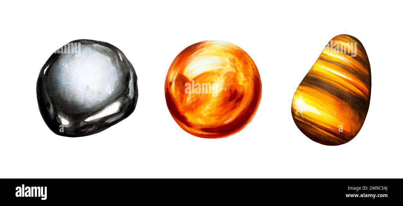 Aquarell handgezeichnete Wurzel- und Sakral-, Solar Plexus Chakras Edelsteinillustrationen. Hämatit, Orangenkalzit und Karneol, Tigerauge Heilung talisma Stockfoto