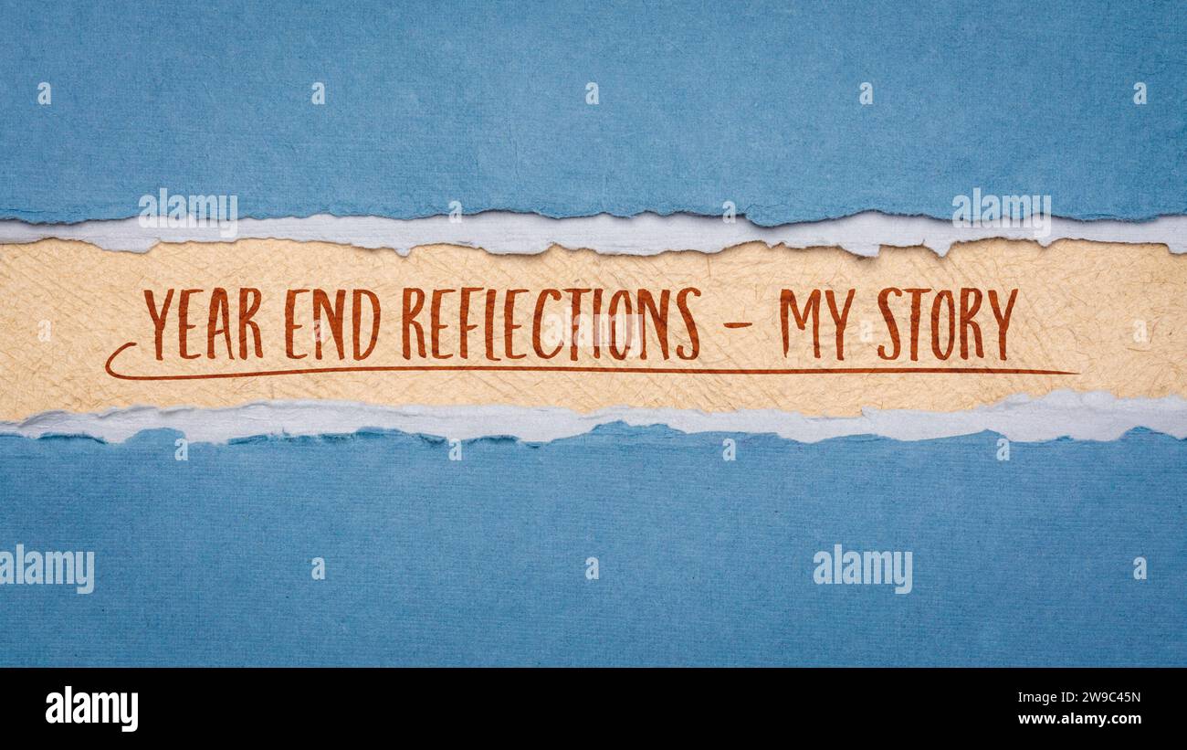 Year End Reflections – meine Geschichte, Webbanner in Papierform, persönliche Erfahrungsberichte Stockfoto