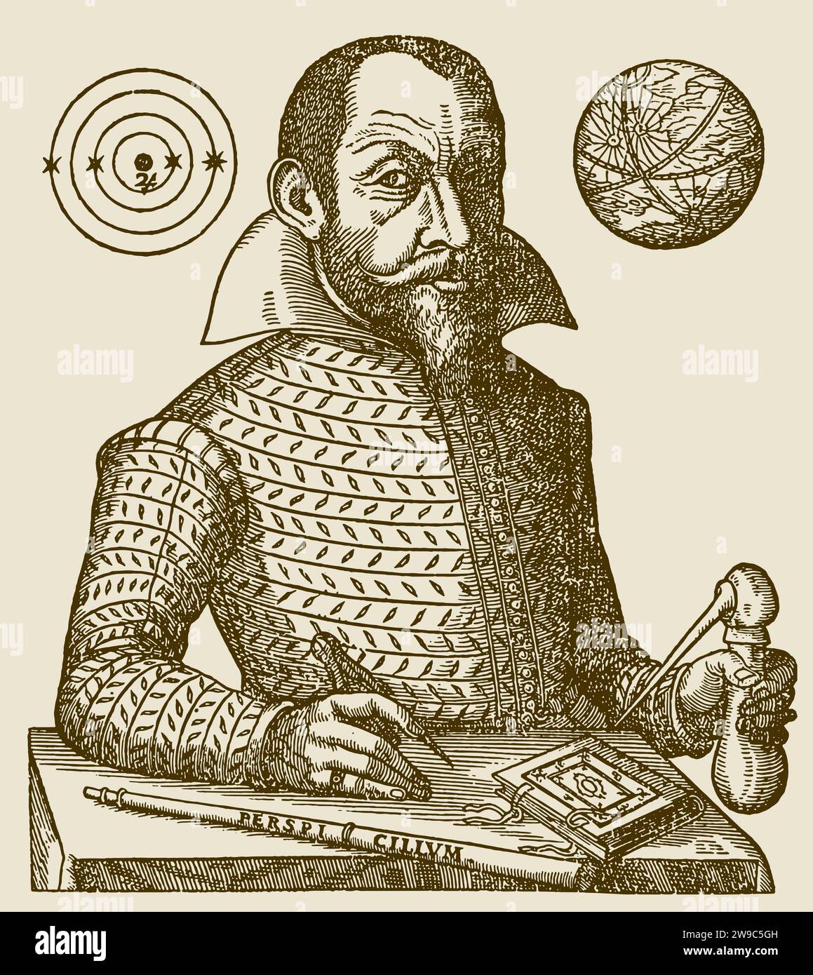 Der deutsche Astronom und Mathematiker Simon Marius, nach einem antiken Stich aus dem 17. Jahrhundert Stock Vektor