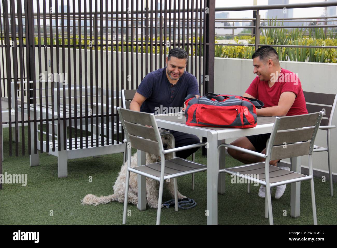 Ein paar Männer in Sportkleidung sprechen nach dem Training an einem Tisch im Dachgarten, ruhen sich aus und entspannen sich Stockfoto