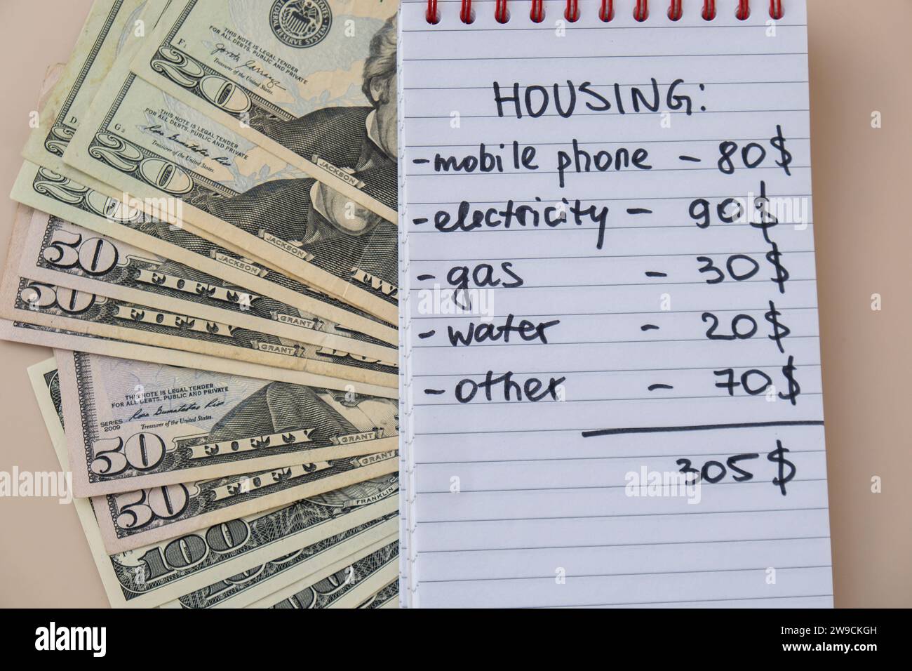 Bargeld in Dollar mit handgeschriebenen Wohnkosten für Notebooks. Rechnungen für Strom, Gas, Wasser zählen. Konzept des effizienten Verbrauchs und der Wirtschaftlichkeit. Ausgabegewohnheiten Stockfoto