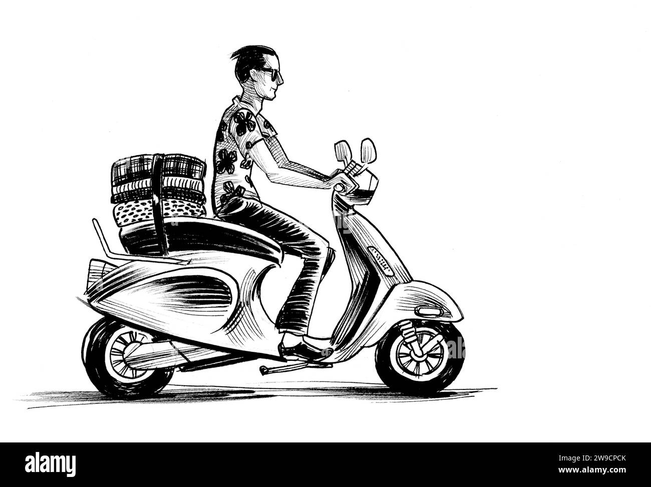 Junger Mann, der einen Vintage-Roller fährt. Handgezeichnete Schwarzweiß-Skizze mit Tinte Stockfoto
