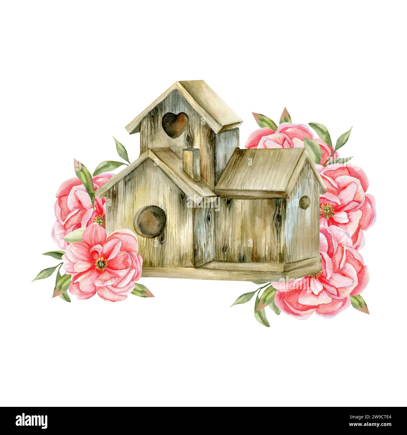 Vogelhaus aus Holz in Aquarell mit Frühlingsrosa Blumen Illustration. Handgezeichnete Pfingstrosen mit grünen Blättern und kleiner Vogelheimkomposition für Etikett, gre Stockfoto