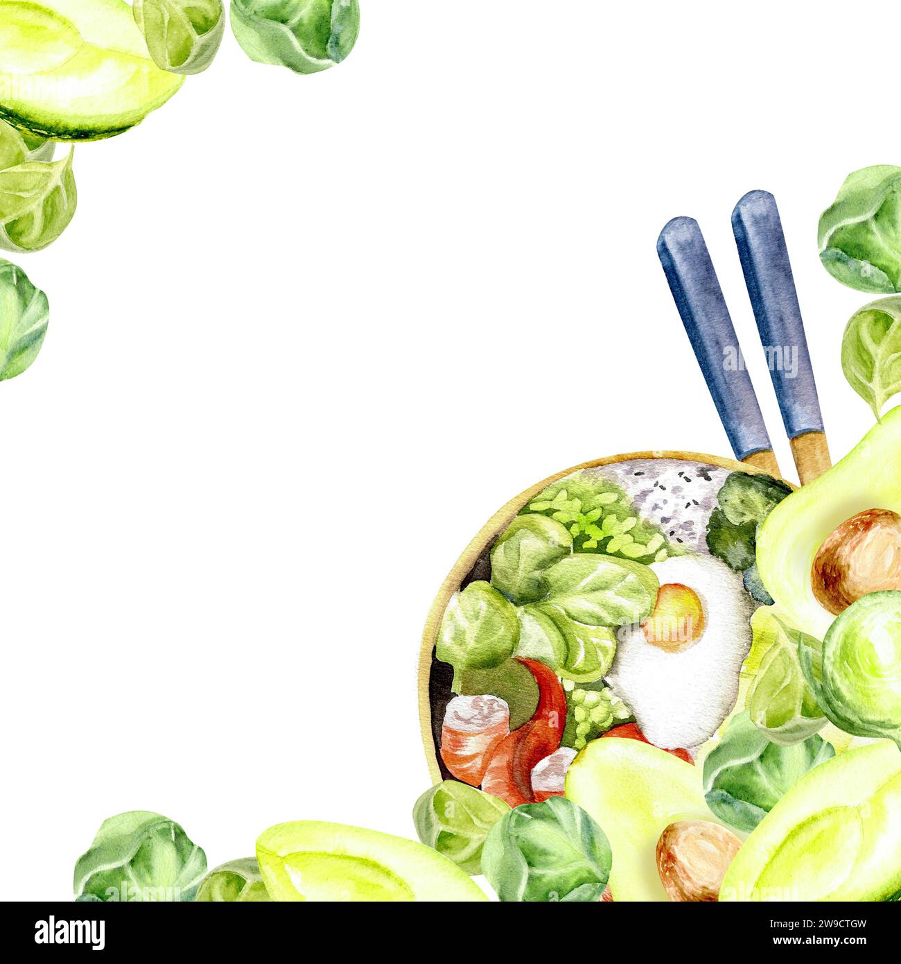 Aquarell asiatische traditionelle Mahlzeit Poke mit Essstäbchen und Gemüse Vorlage für Menü. Handgezeichneter isolierter Lebensmittelrahmen für Restaurant, Café, Logo, Labor Stockfoto