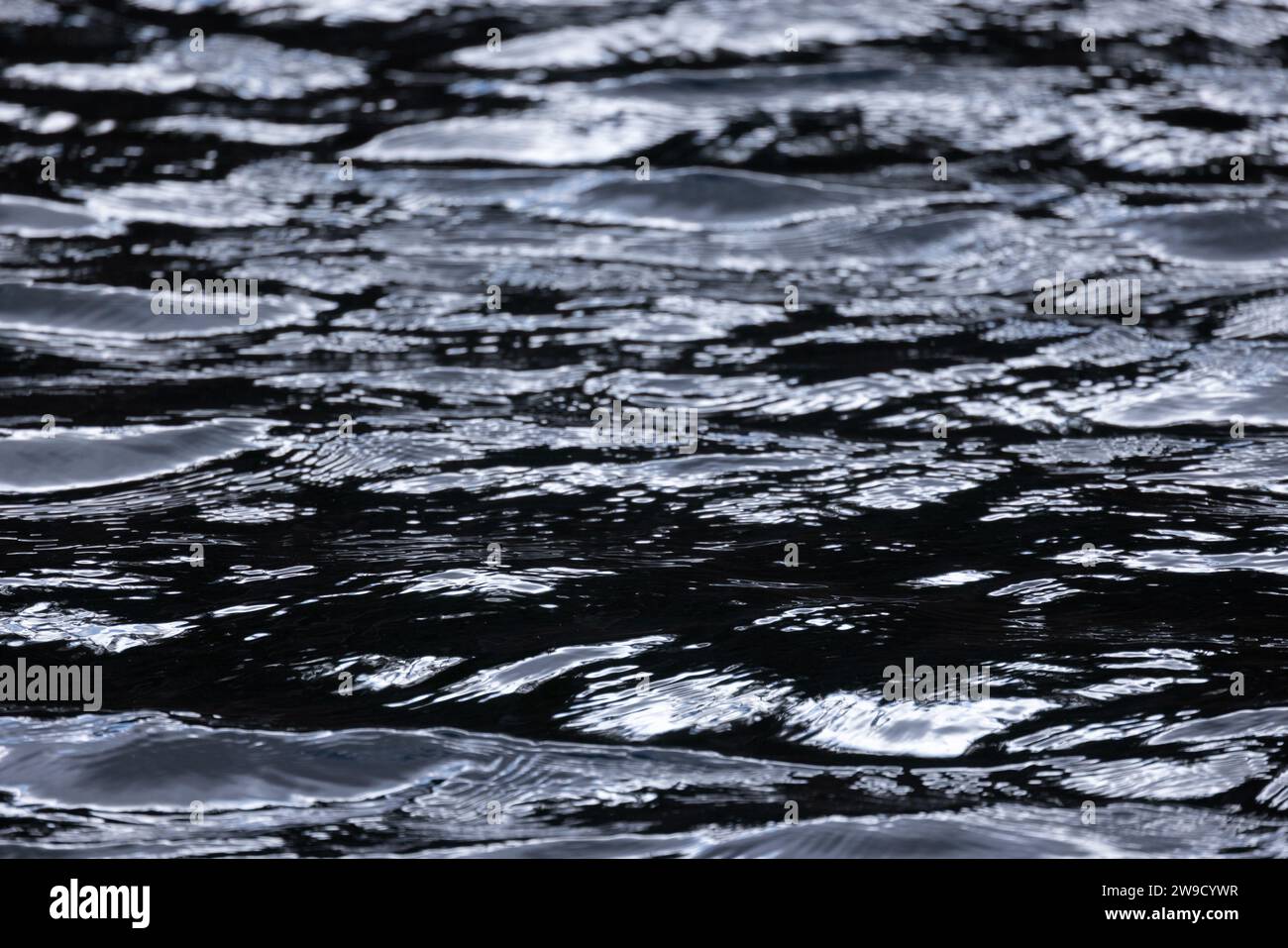 Wellen über glänzende schwarze Wasseroberfläche, natürliche abstrakte Hintergrundfotostruktur Stockfoto